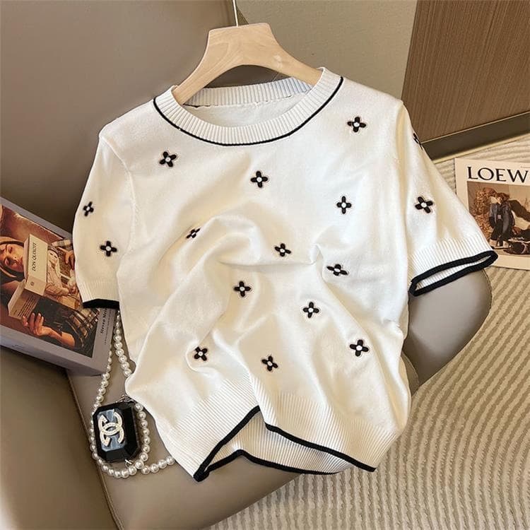 2026 Summer New Fashion Simple Jacquard Short Sleeve Knit Top Korean Loose Round Neck Thin Ice Silk Tee
