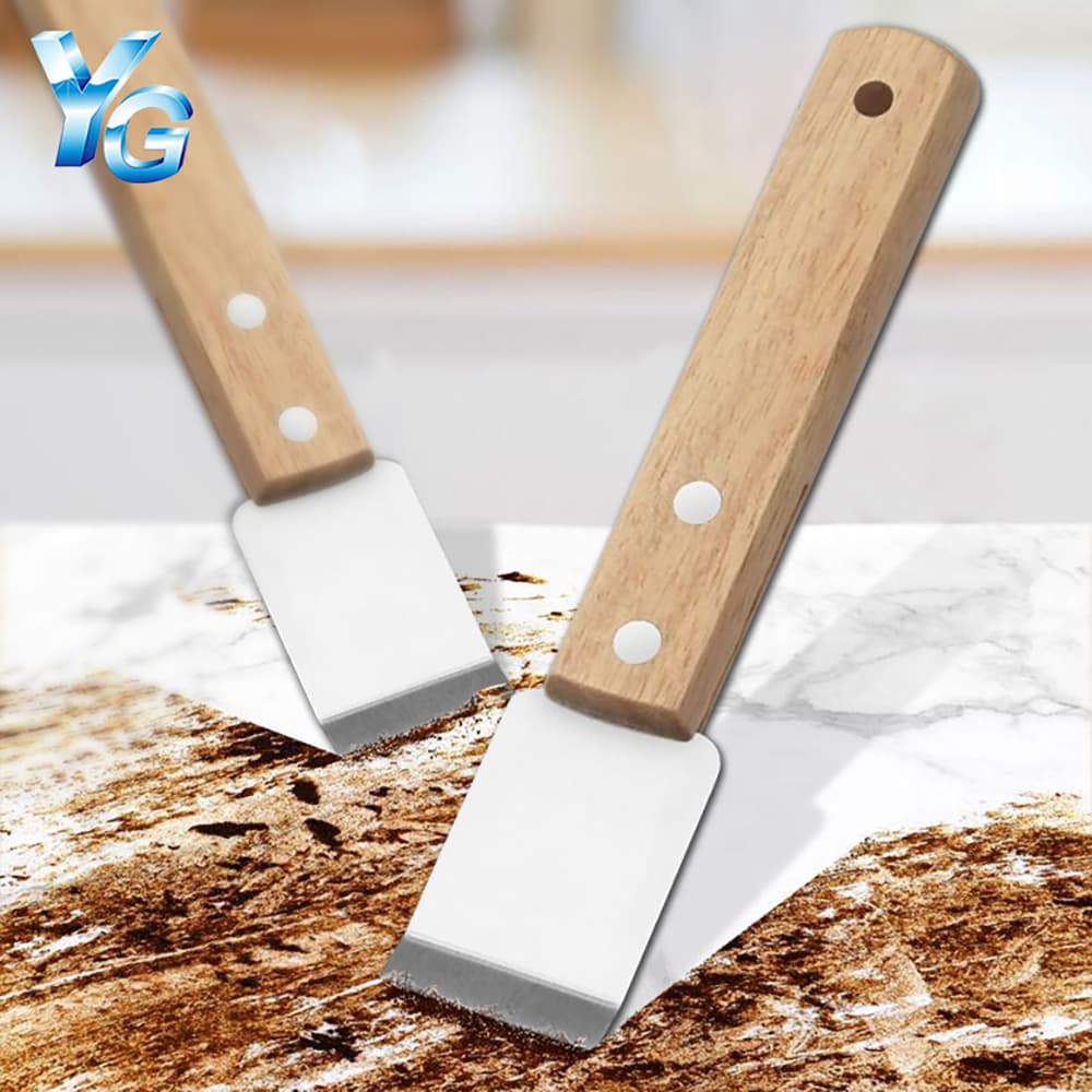 Small Stainless Steel Grease Scraper with Wooden Handle for Kitchen Stove Cleaning, Household Stain and Glue Removal, Defrosting and Ice Scraping