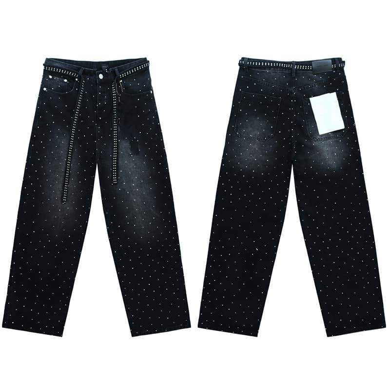 26FW American High Street Retro Washed Ribbon Star Rhinestone Straight Leg Jeans Unisex Streetwear