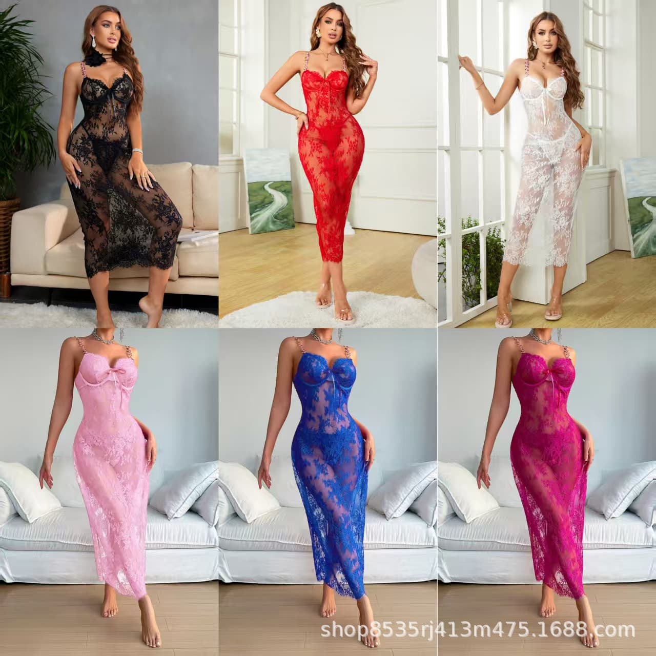 European and American New Red Black White Lingerie with Underwire Strap Lace Sexy Nightgown Backless Long Dress Set Wholesale