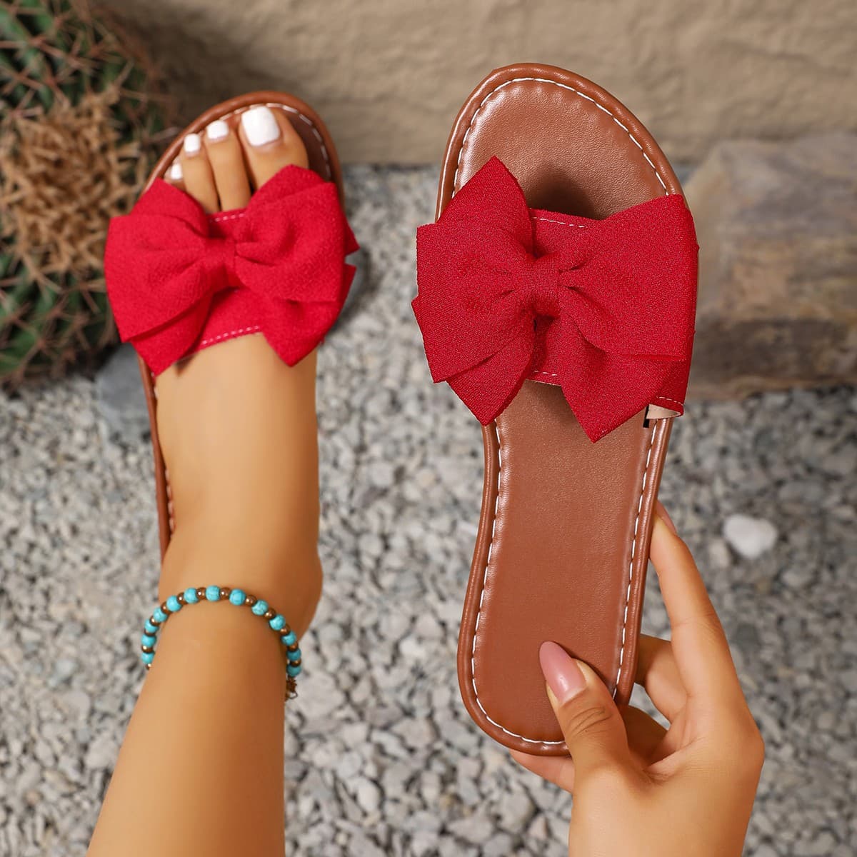 Women's Bow Flat Slippers, Round-Toe Casual Sandals for Home