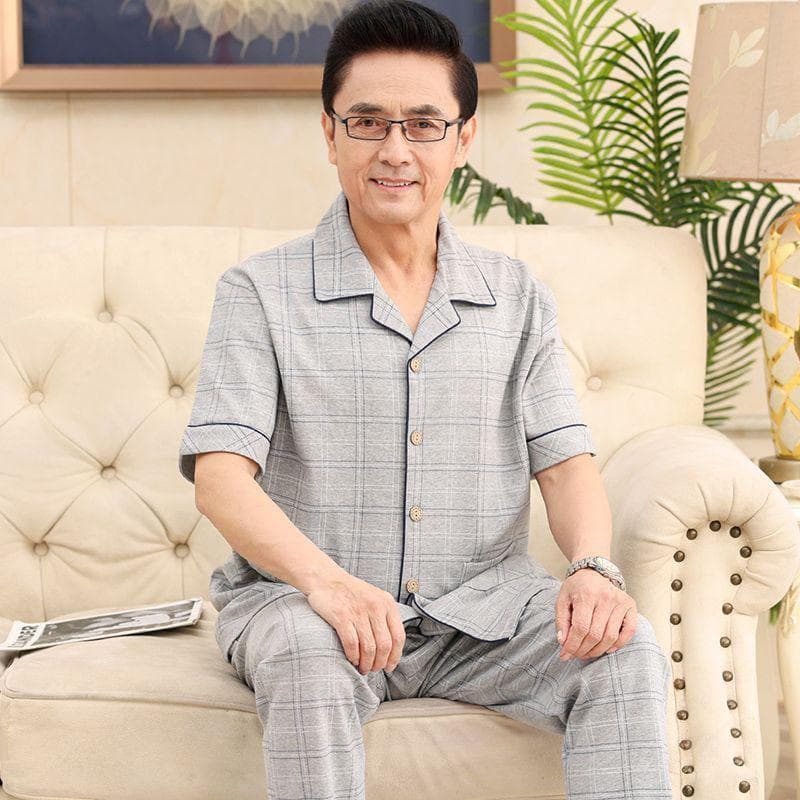 Middle-aged Dad Cotton Pajamas Summer Short Sleeve Long Pants Plus Size Men's Casual Homewear