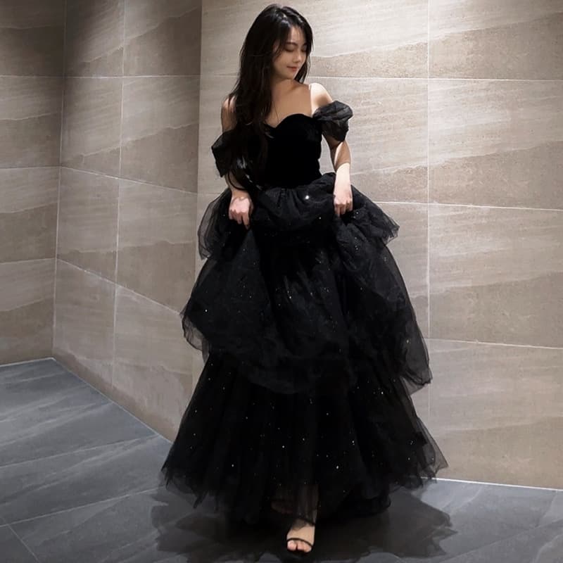 Black Evening Gown, Light Luxury Niche French-Style Puffy Dress, Suitable for Hostess, Female Summer Art Exam, Graduation, Coming-Of-Age Ceremony, with a Cross-Border Feel