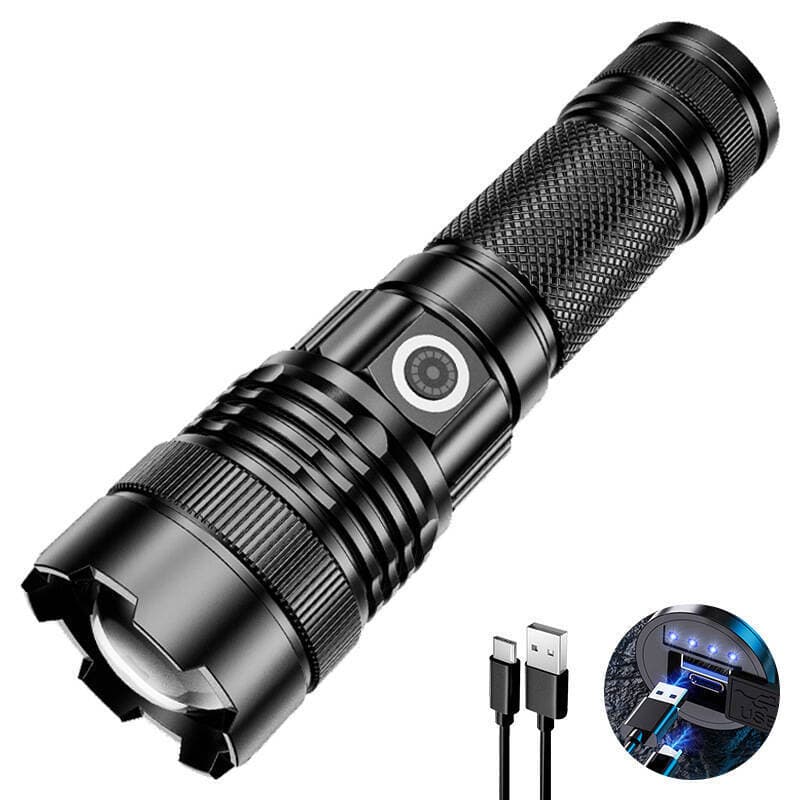 White laser flashlight with bright light, telescopic zoom, electric display, outdoor aluminum alloy high-power flashlight with long battery life