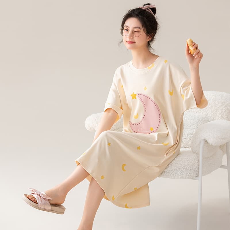 Pure cotton nightgown for women summer 2026 new summer pajamas short-sleeved thin sweet style girly dress round neck