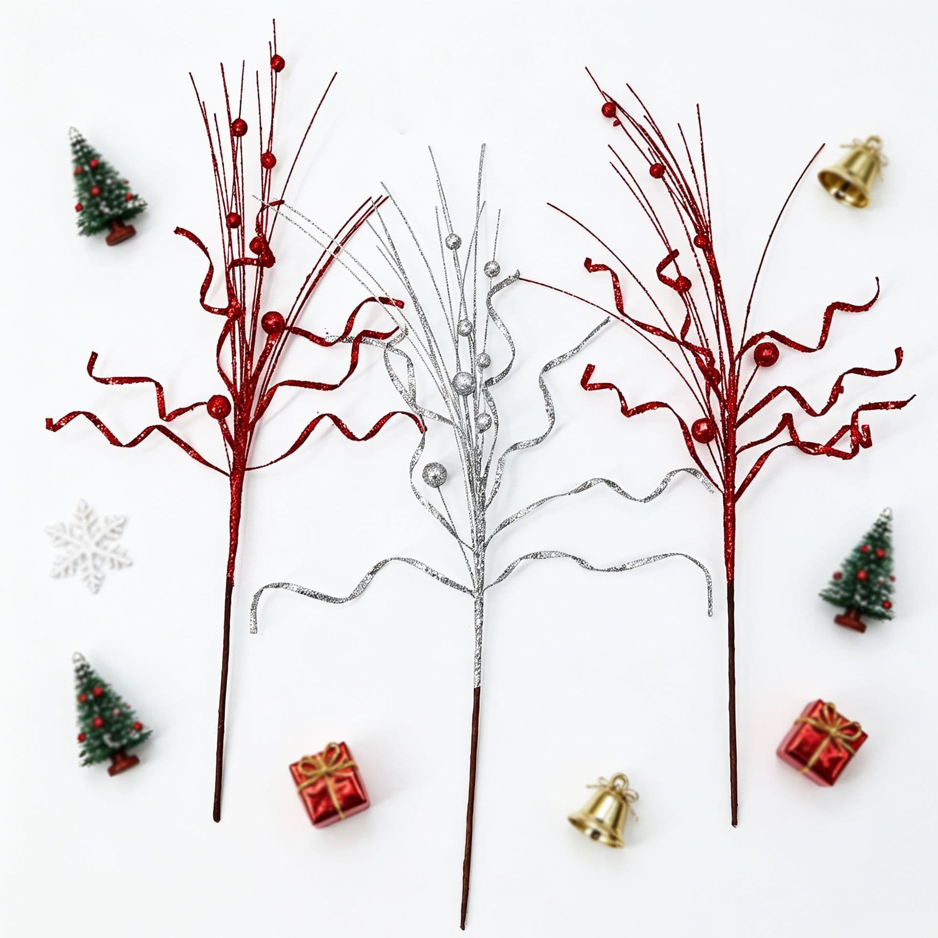 Gold Powder Curled Wire Berry Glitter Christmas Tree Decoration Pick, Home Party Ornament Arrangement, Christmas Accessories Foam