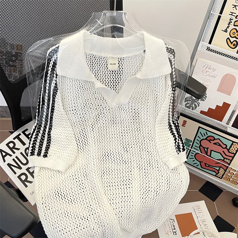 Summer Design Hollow Knit Top for Men, Three-Stripe Breathable Ice Silk Cool Loose V-Neck Short Sleeve Beachwear
