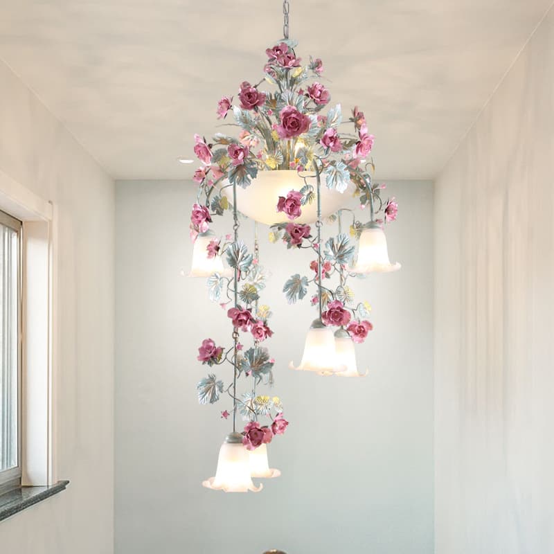 Rustic Loft Staircase Chandelier Romantic Handcrafted Iron Rose Flower Vaulted Villa Living Room Long Pendant Light
