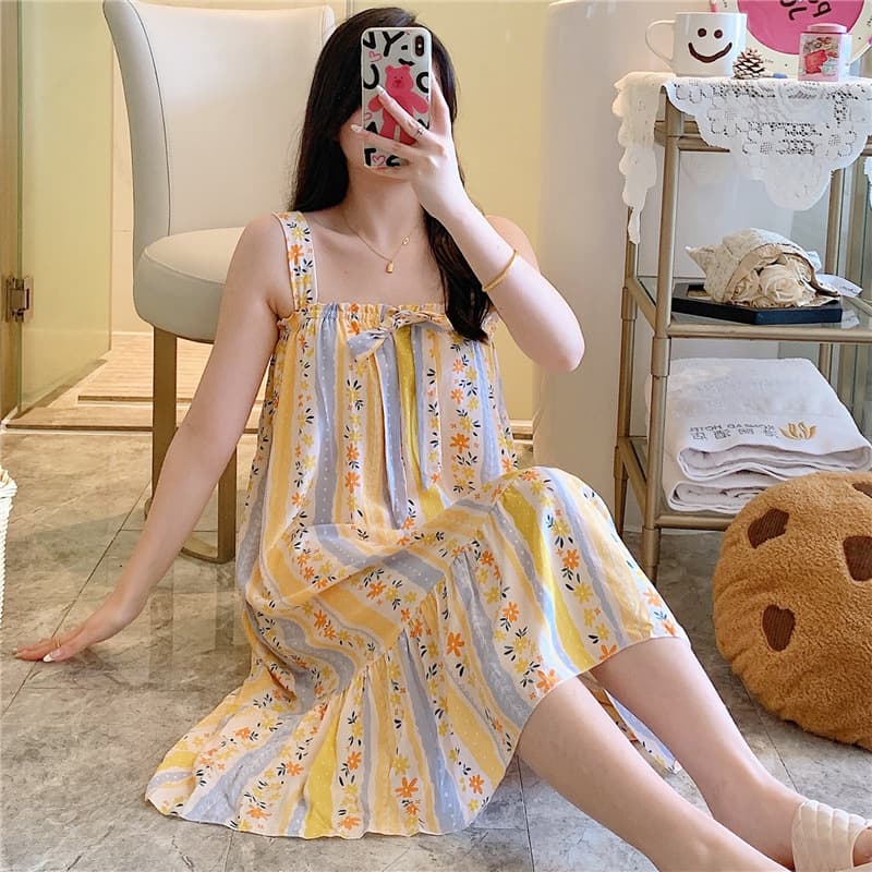 Soft Cotton Sleep Dress for Women, Summer Thin Nightgown, Spring/Autumn Cotton Pajamas, Korean Style Cute Casual Printed Dress, Homewear