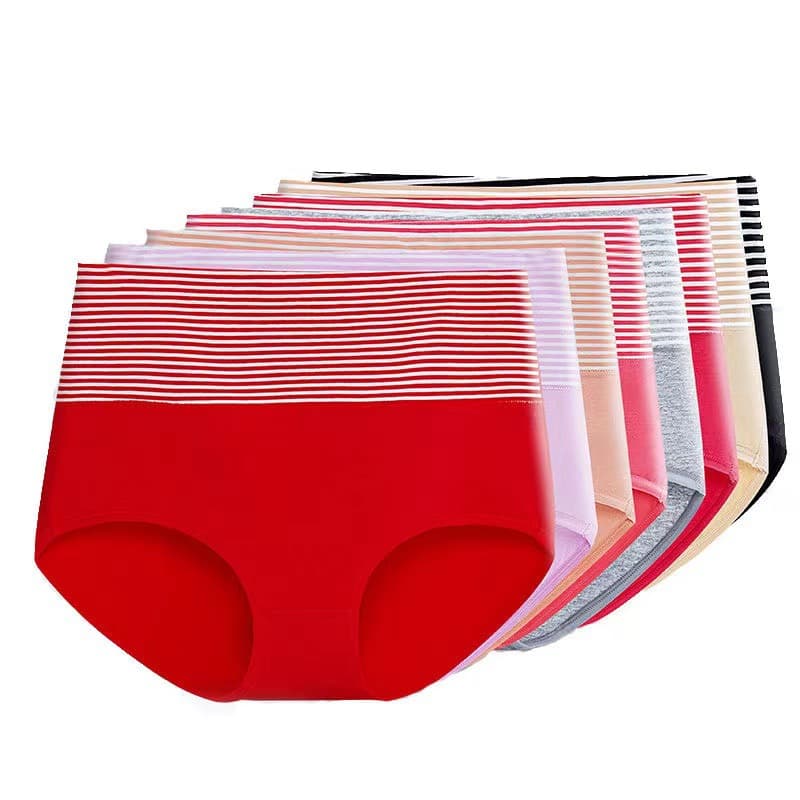 Customized Plus-Size Postpartum Tummy Control Panties for Women, Cotton Comfortable Women's Briefs, Striped High-Waisted Women's Underwear