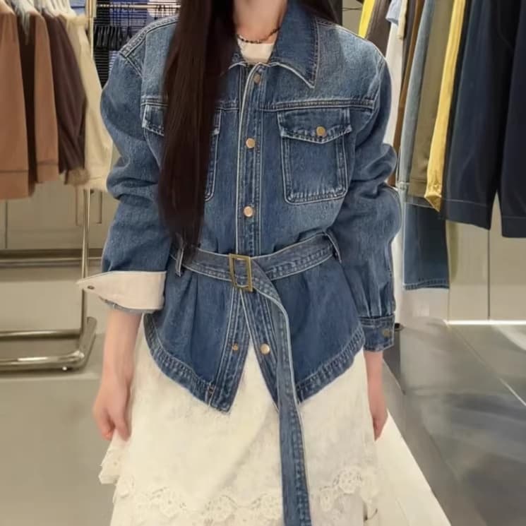 American Retro Cinched Waist Denim Jacket for Women Spring New Design Versatile Regular Shoulder Short Jacket Top