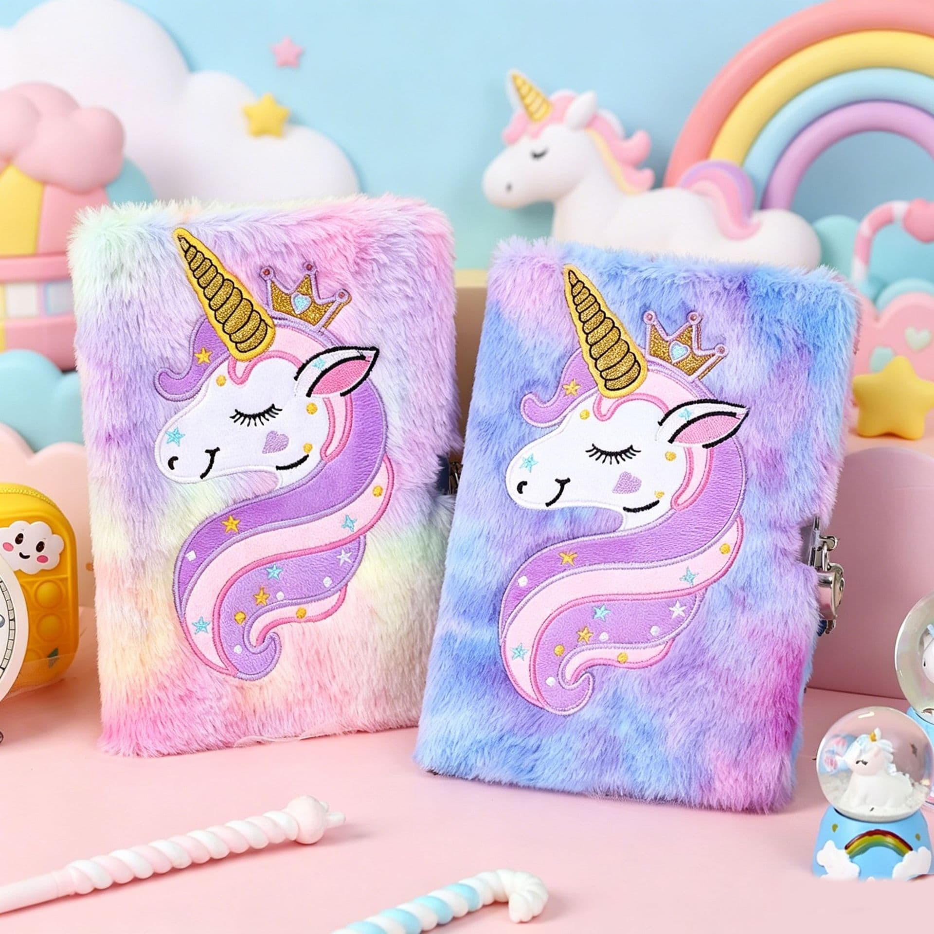 Cute Plush Lock Diary Cartoon Unicorn Notebook A5 Lined Writing Journal Gift for Little Girls