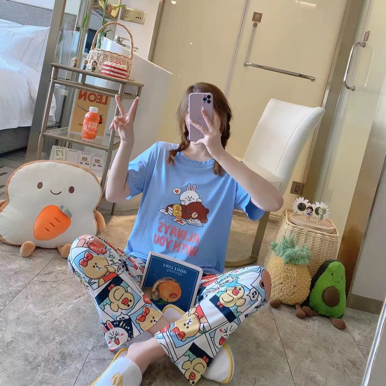 Direct Sale Export Cotton-Like Pajamas Summer Comfortable Cartoon Pajamas for Women Short Sleeve Long Pants Round Neck Two-Piece Homewear