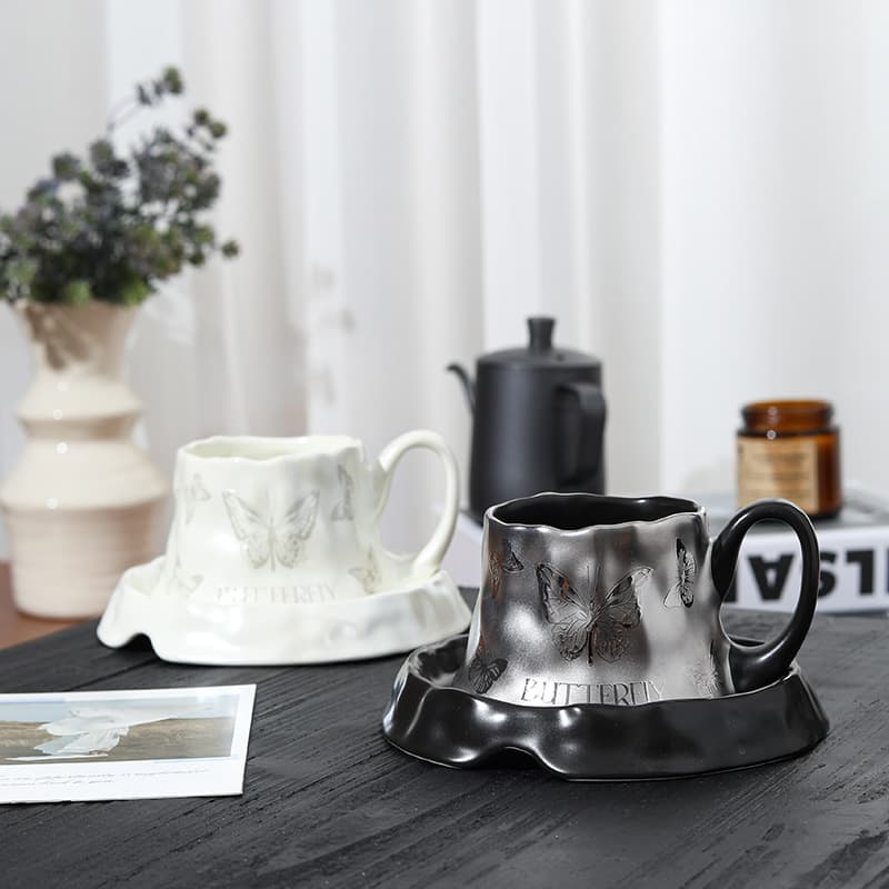 Dark Silver Volcano Cup & Saucer, Light Luxury Electroplated Mug, Household Ceramic Coffee Cup, Water Cup, Milk Breakfast Cup