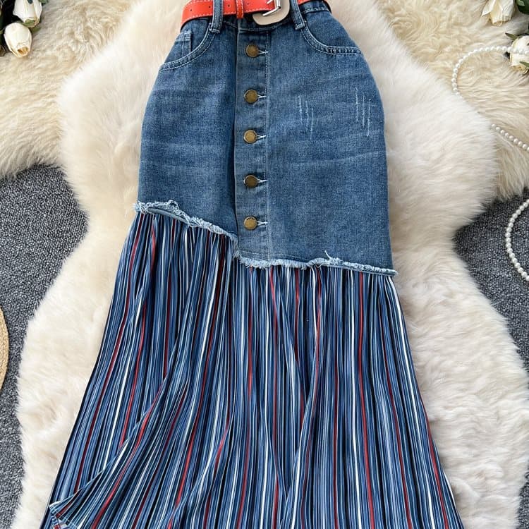 Stitched Striped Contrast Color Denim Skirt Women's High Waisted Slim A-Line Mid-Length Skirt Commuting Versatile Large Size Skirt