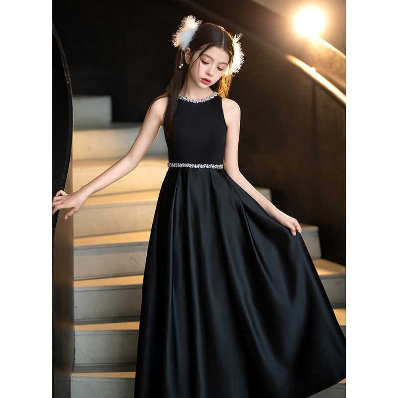Children's catwalk dress 2026 summer new black satin violin performance dress girls simple birthday dress skirt
