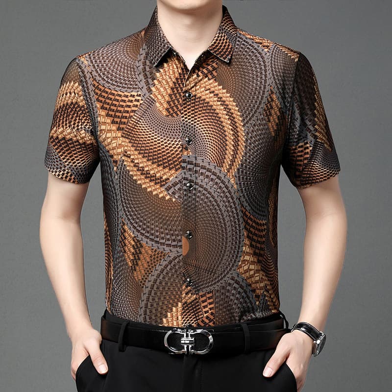 Summer Men's Short Sleeve Shirt Fashion Personality Print Men's Top Middle-Aged Thin Ice Silk Half Sleeve Shirt Men