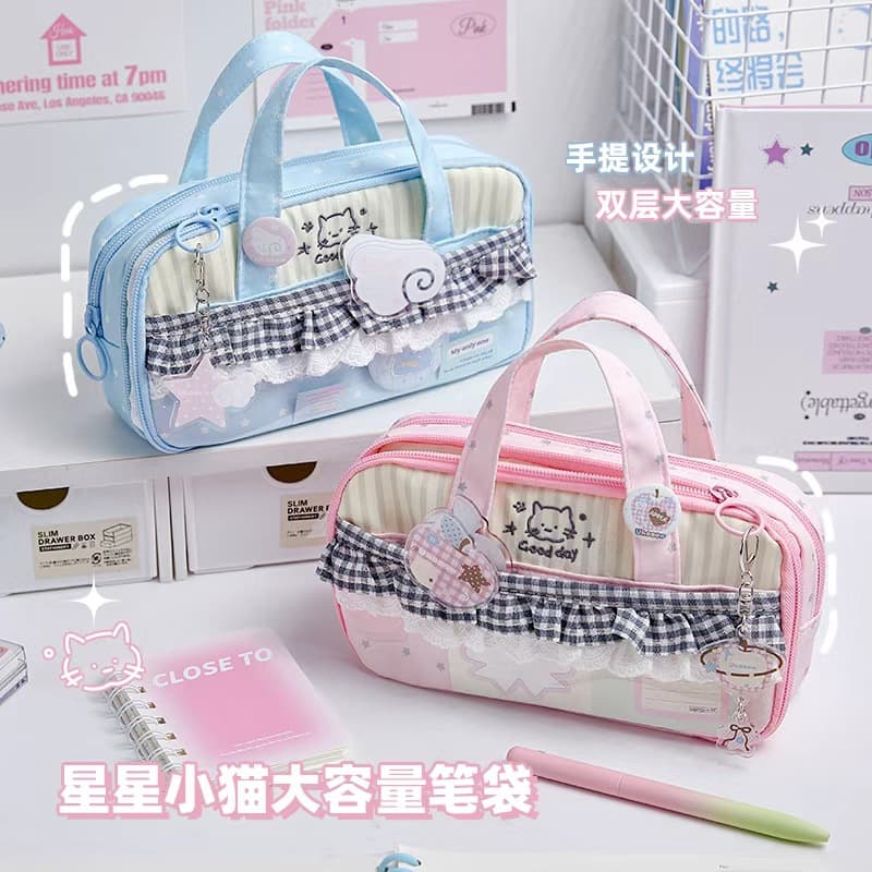 Star Kitty Large Capacity Pencil Bag Ins Style Sweet Lace Portable Stationery Bag High-Looking Non-Contrasting Storage Bag