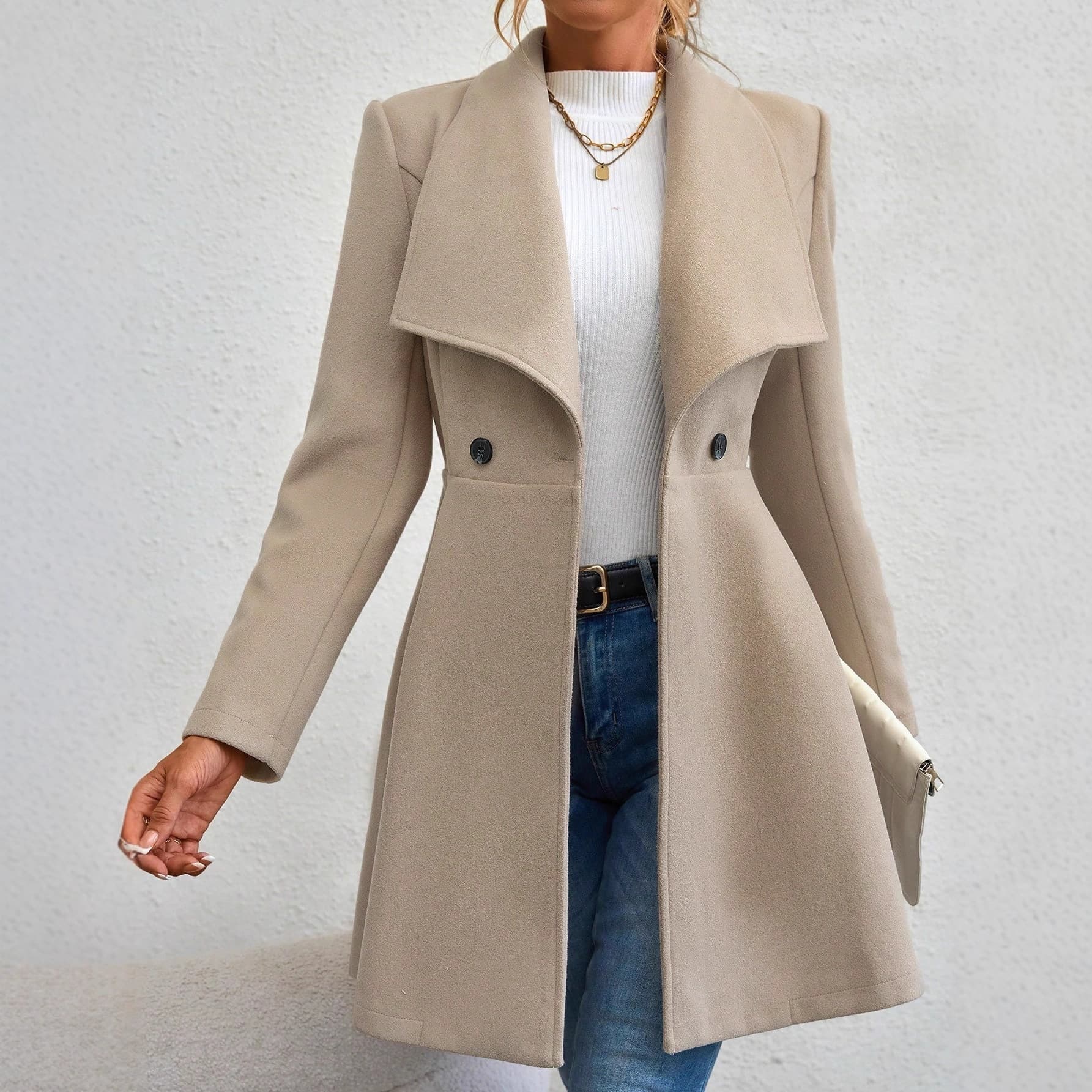 2025 Autumn/Winter Cross-border European and American Foreign Trade New Fashion Turn-down Button Slim-Fit Wool Coat for Women