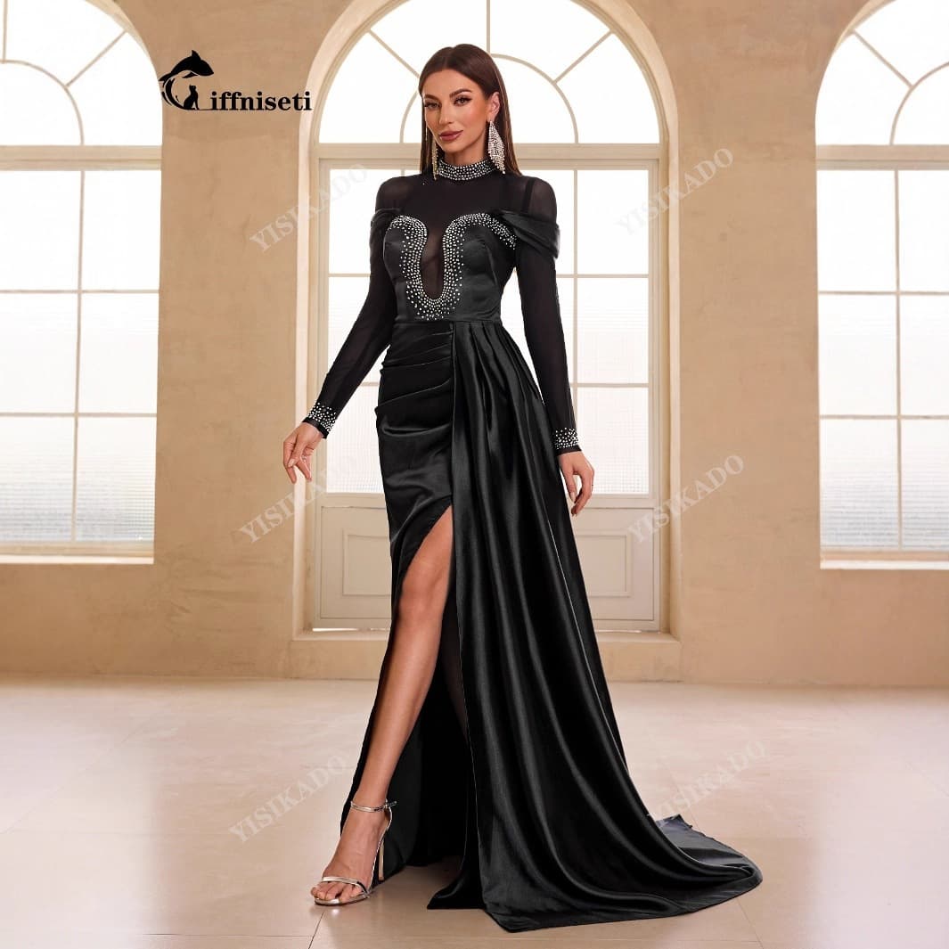 2025 New Black Sequin Long Dress with Rhinestone Beaded Embroidery Evening Gown for Prom, Banquet, Party Wear - KZT5128