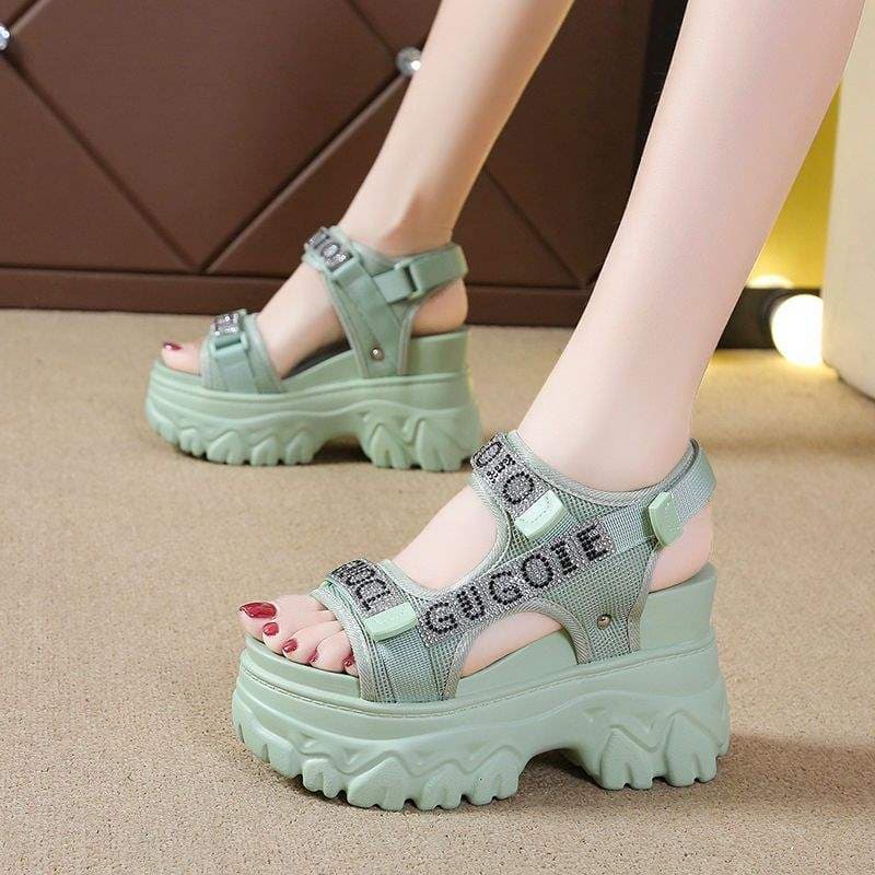 Women's 2025 Summer New Style White Rhinestone Velcro Roman Sandals with Internal Height Increase, Sporty Peep-Toe Wedge, and Thick Sole