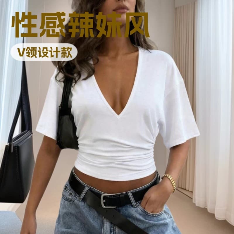 2025 new European and American style V-neck short navel-baring T-shirt for women solid color slim fit hot girl style short-sleeved top
