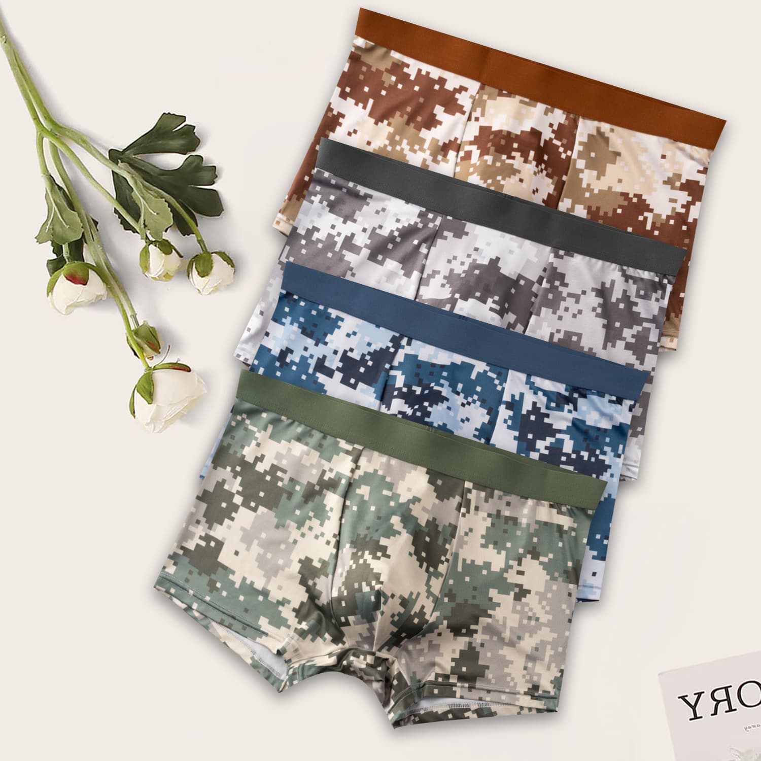 Men's Camo Print Boxer Briefs, Comfortable Breathable Daily Casual Underwear Shorts