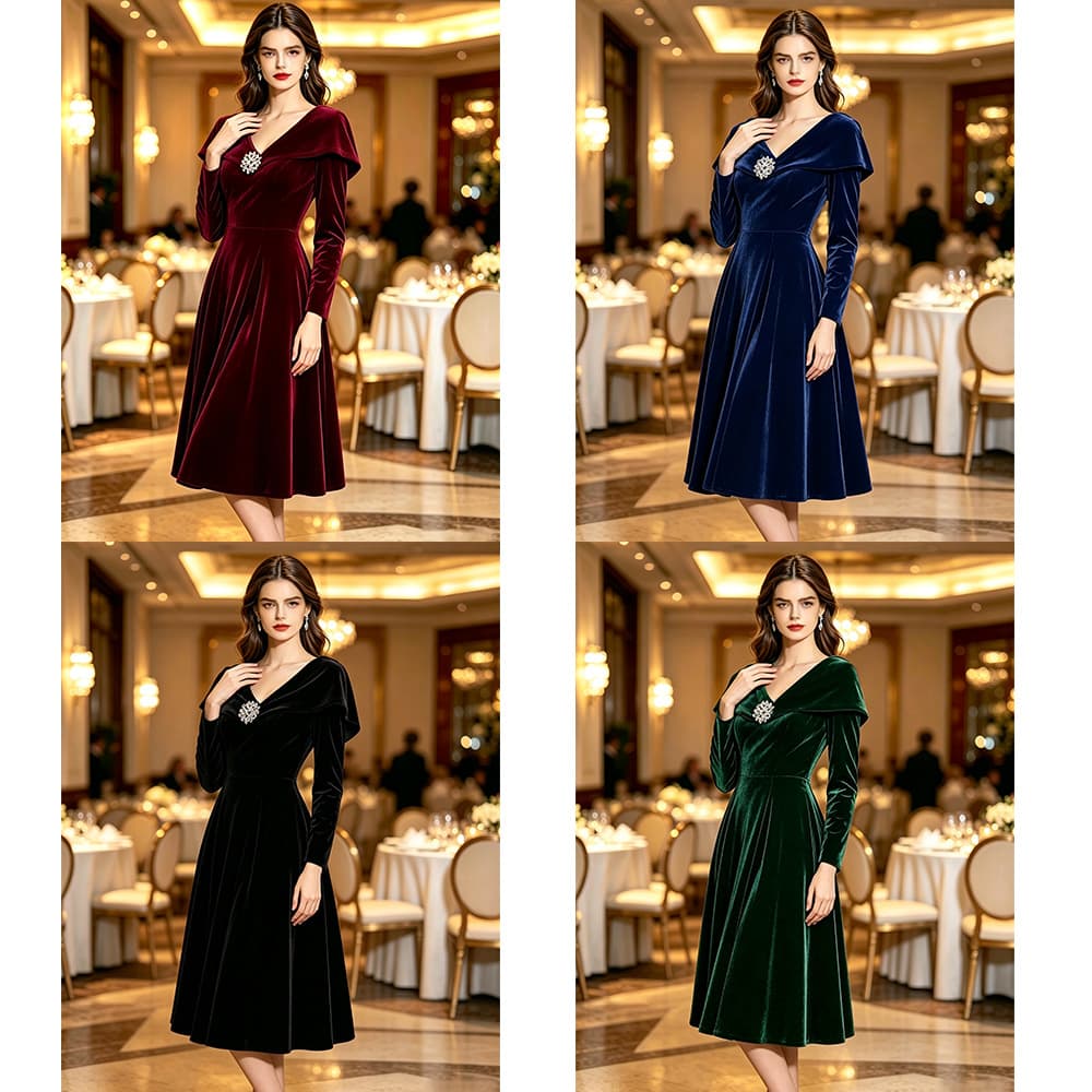 Cross-border Amazon velvet light luxury evening dress long-sleeved lapel V-neck rhinestone A-line skirt banquet host dress