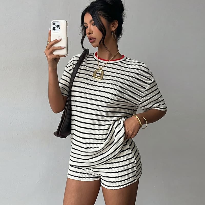 European and American Fashion Striped Short Sleeve and Shorts Set Cross-border Amazon Export Loose Top and Hot Pants Two-Piece Women's Outfit