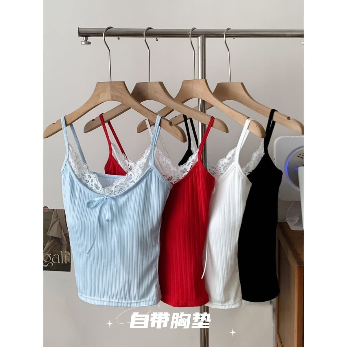 Women's Sexy Butterfly Knot Lace Trim Camisole Top with Padded Bra, Inner Wear or Outer Wear, Backless Design