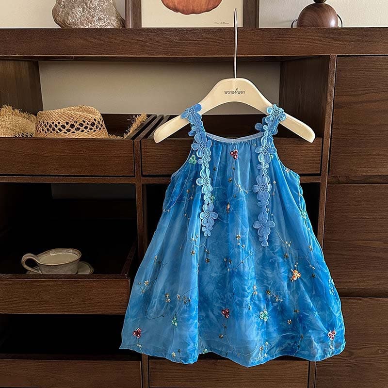 Girls dress summer new style blue three-dimensional flower embroidered vest dress baby Korean version sweet princess dress on behalf of