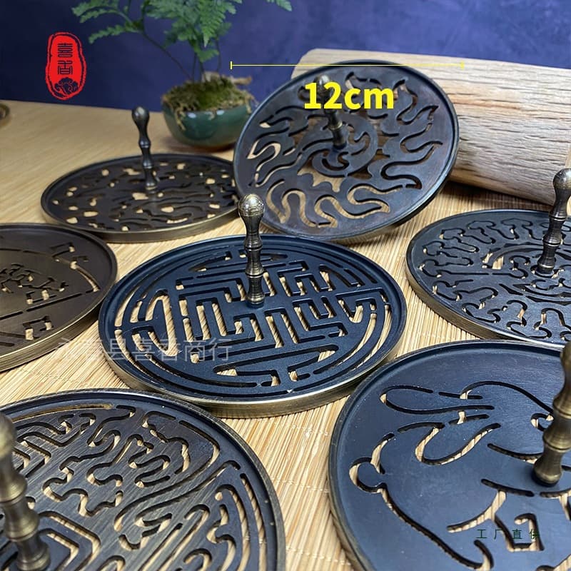 Bronze antique-style 12cm large incense seal set, including stamp, sandalwood/agarwood powder mold, and copper handle.