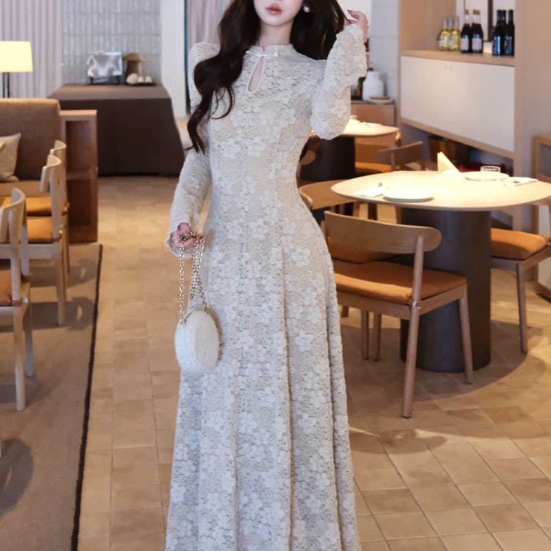 【Lü Xiang Guo Yun】New Chinese Style National Aesthetic Stand Collar Frog Button Lace Dress Waist-Defined Flared Hem Lined Fleece Skirt