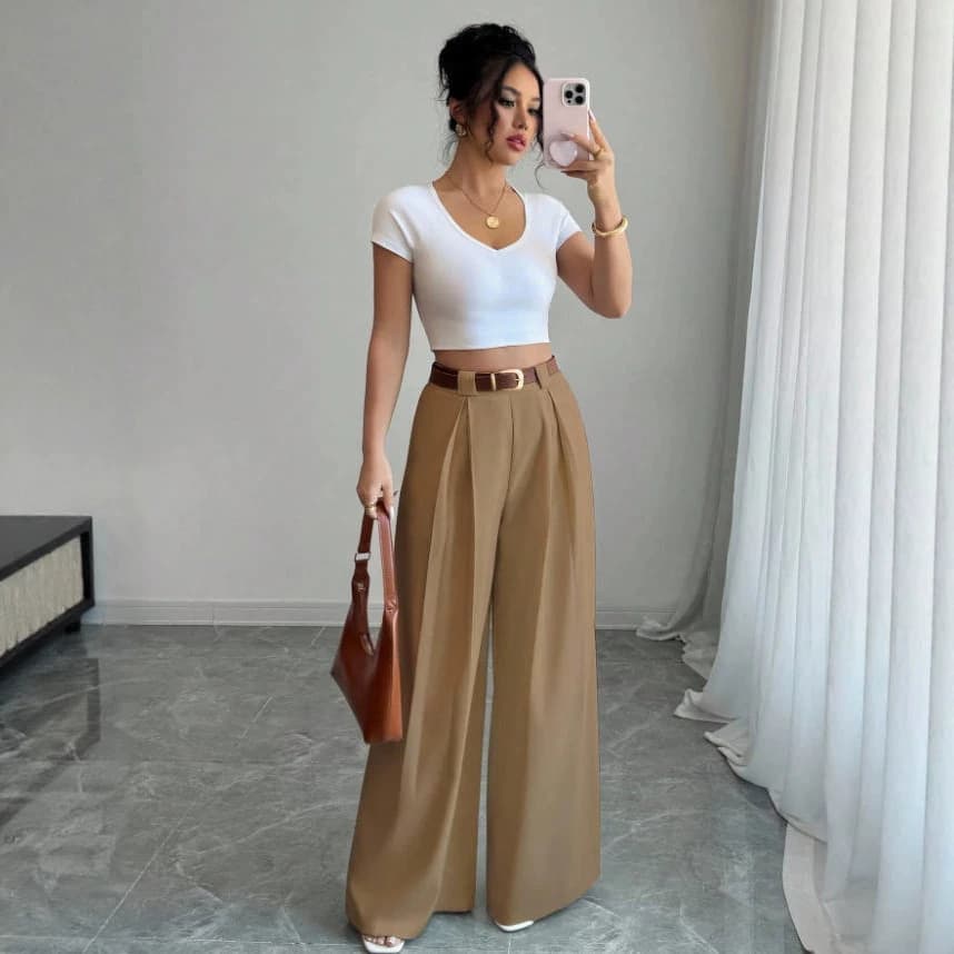2026 Cross-border Europe/US SHEIN Spring/Summer New High-Waist Flowy Loose Slimming Versatile Casual Long Trousers