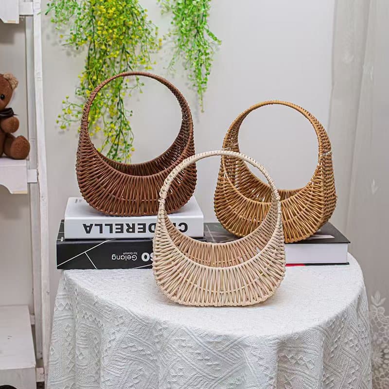 Retro imitation rattan flower basket pastoral style half-moon blue Korean fruit blue storage handle blue home picnic blue wholesale