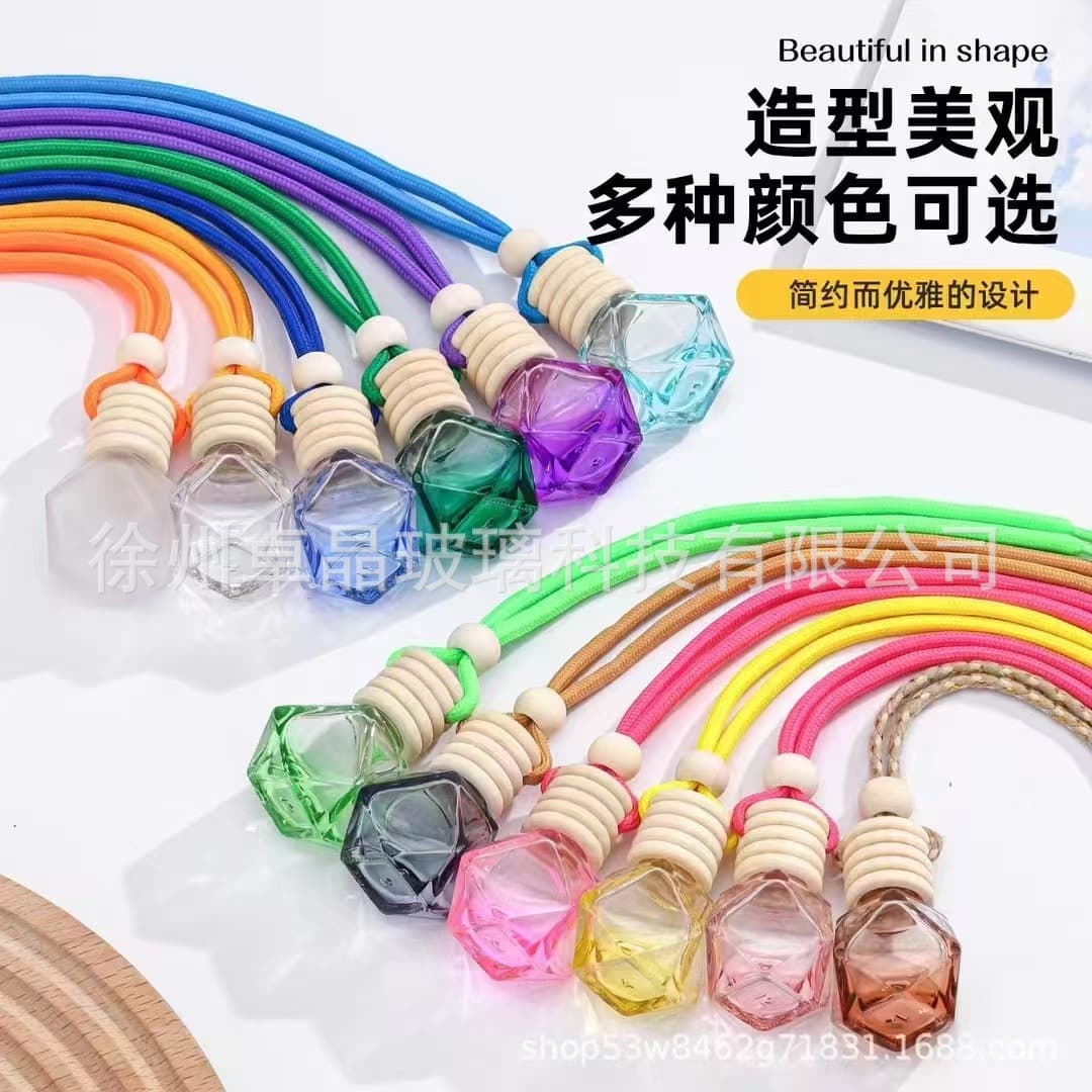 Lanyard car aromatherapy bottle pendant in car hanging perfume refill bottle carrying rope wooden lid pendant glass bottle in stock