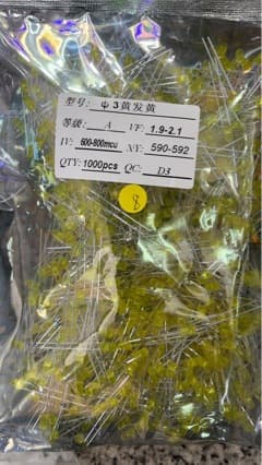3mm yellow emitting yellow long-leg LED, 1000 pcs per pack, large stock available