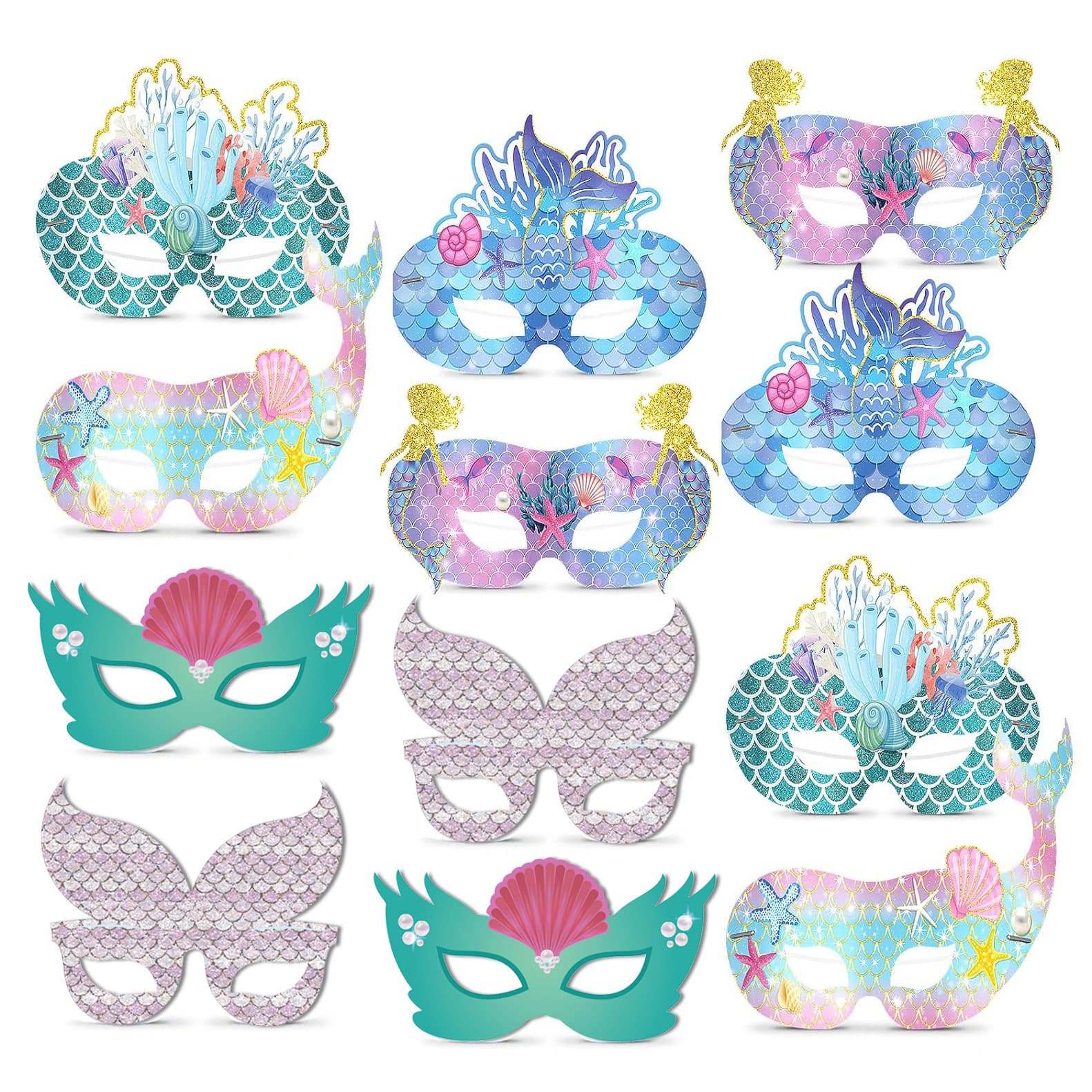12pcs Mermaid Mask Ocean Cosplay Party Mask Eye Mask Children's Birthday Mermaid Mask