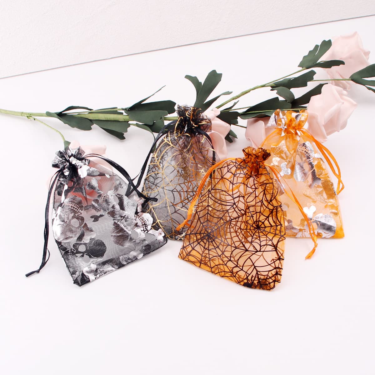 Cross-border Halloween Organza Candy Gift Bag Halloween Gift Drawstring Storage Bag Gold Stamping Spider Web Mesh Bag