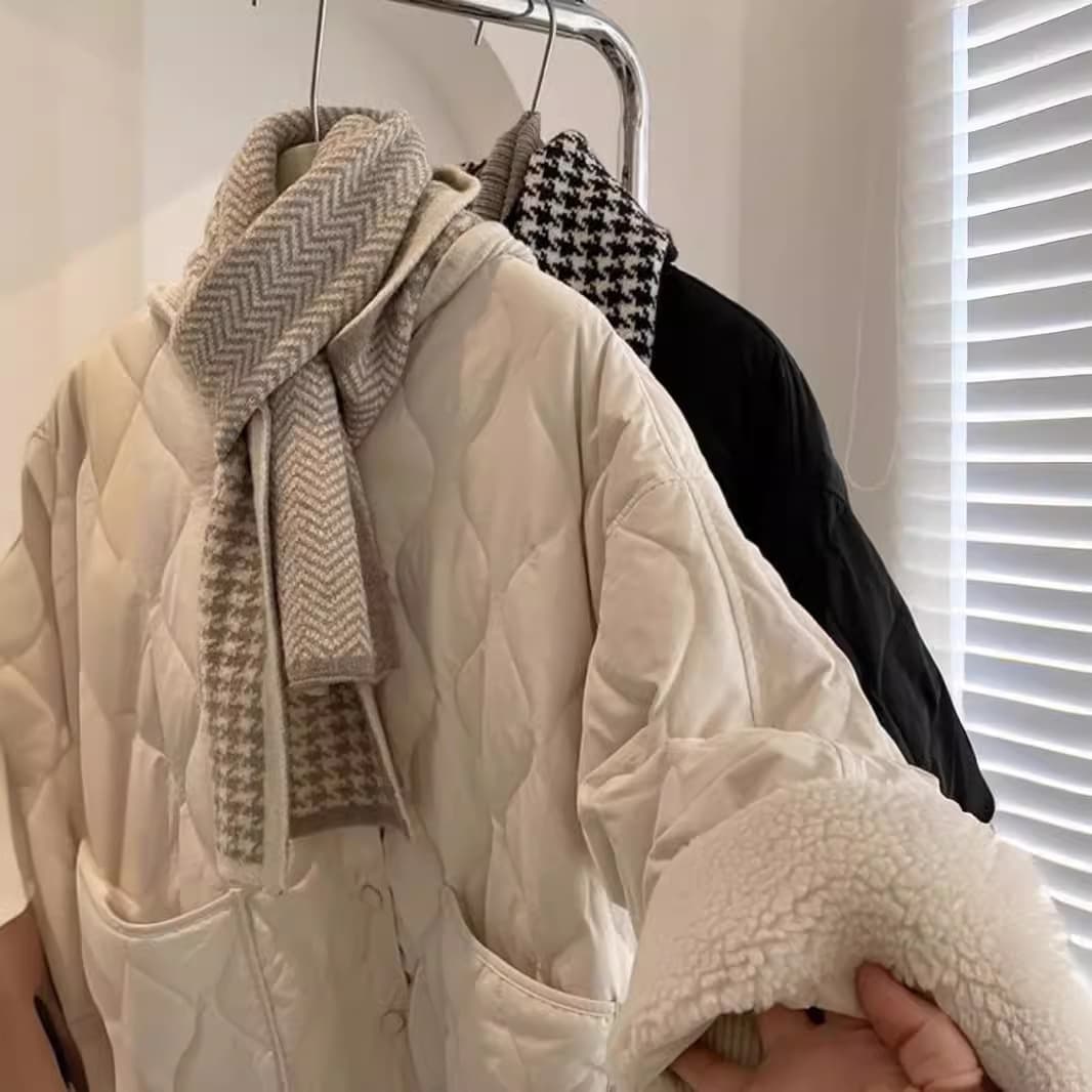 2026 Winter Korean Style Collarless Lamb Wool Patchwork Diamond Quilted Cotton Coat for Women Petite Loose Warm Jacket