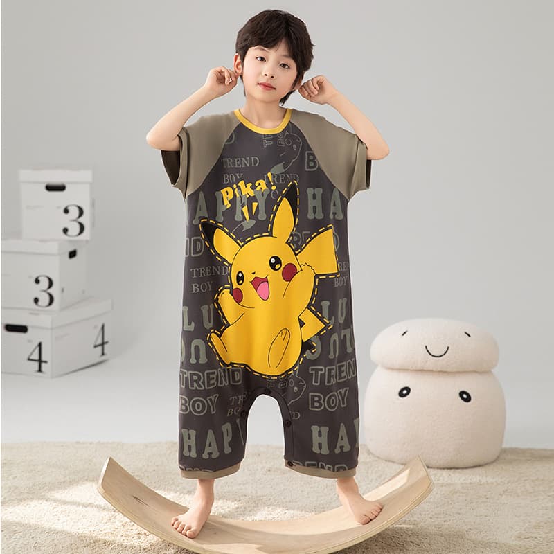 2026 New Style Summer Home Wear for Boys, Children's Summer Boys' One-Piece Anti-Kick Pure Cotton Short-Sleeve Pajamas