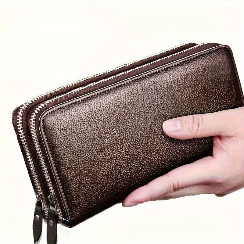 Men's Long Bifold Wallet Large Capacity Business Handbag with Dual Zippers Card Holder Phone Pouch
