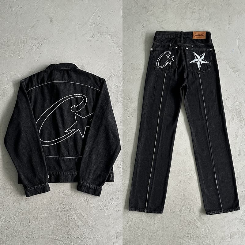 Corteiz Hip-Hop Devil's Island Star Embroidery American High-Street Vintage Denim Jacket and Pants Set