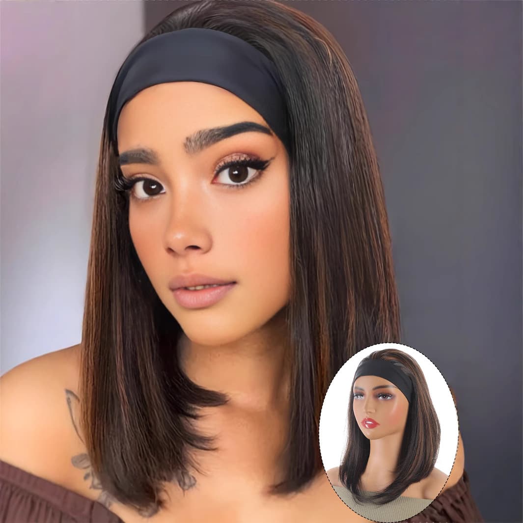 Black and Highlighted Brown Medium Long Tie-Back Wig for Women African American Synthetic Hair High Temperature Silk Hair