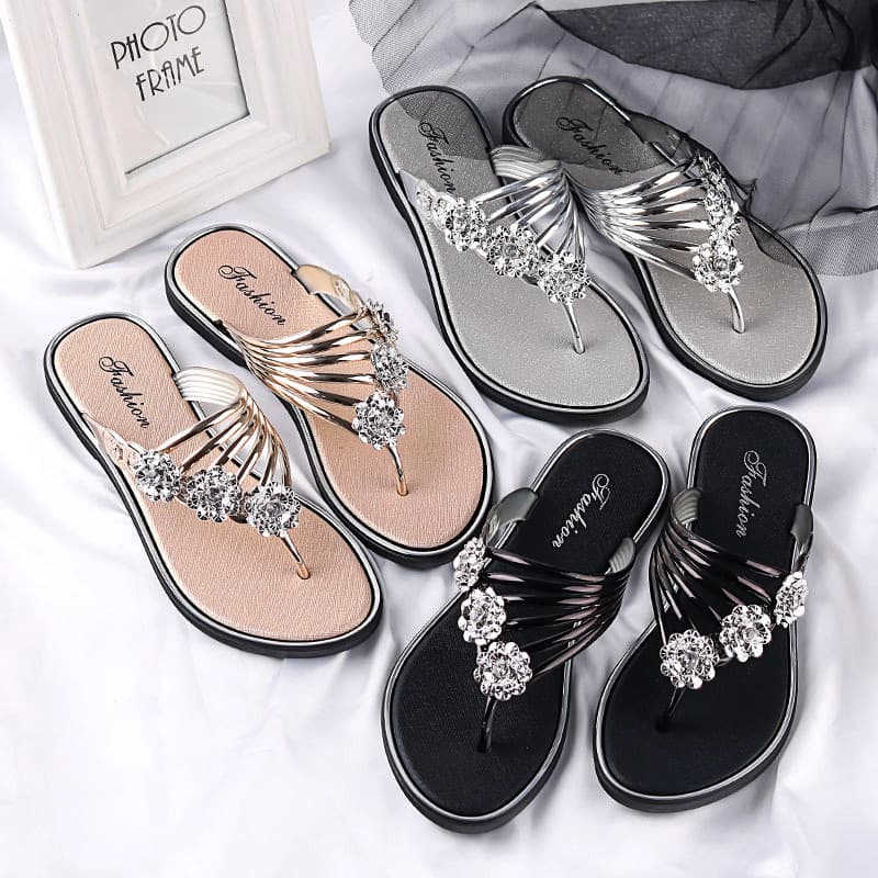 Crystal Women's Slippers Rhinestone Flower Flat Sandals Flat Thong Flip Flops Lightweight Outdoor Beach Sandals
