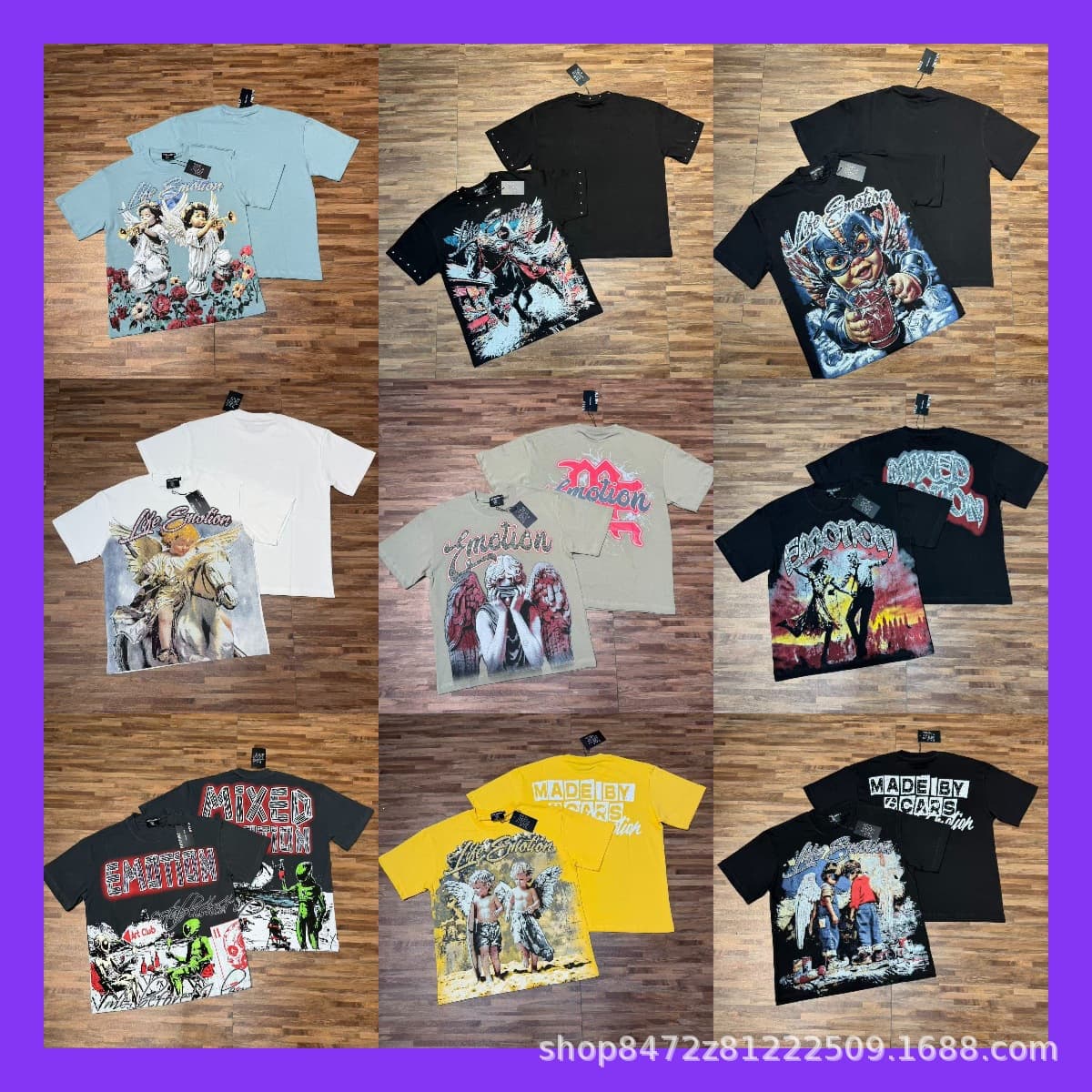 MIXED EMOTION American high street angel print short-sleeved hot diamond loose rock round neck T-shirt top for men and women