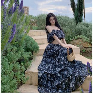2026 French Floral Urban Pastoral Maxi Skirt Pure Desire Wide Hem Women's Summer High-Waist Long Skirt Vacation Style Summer Set