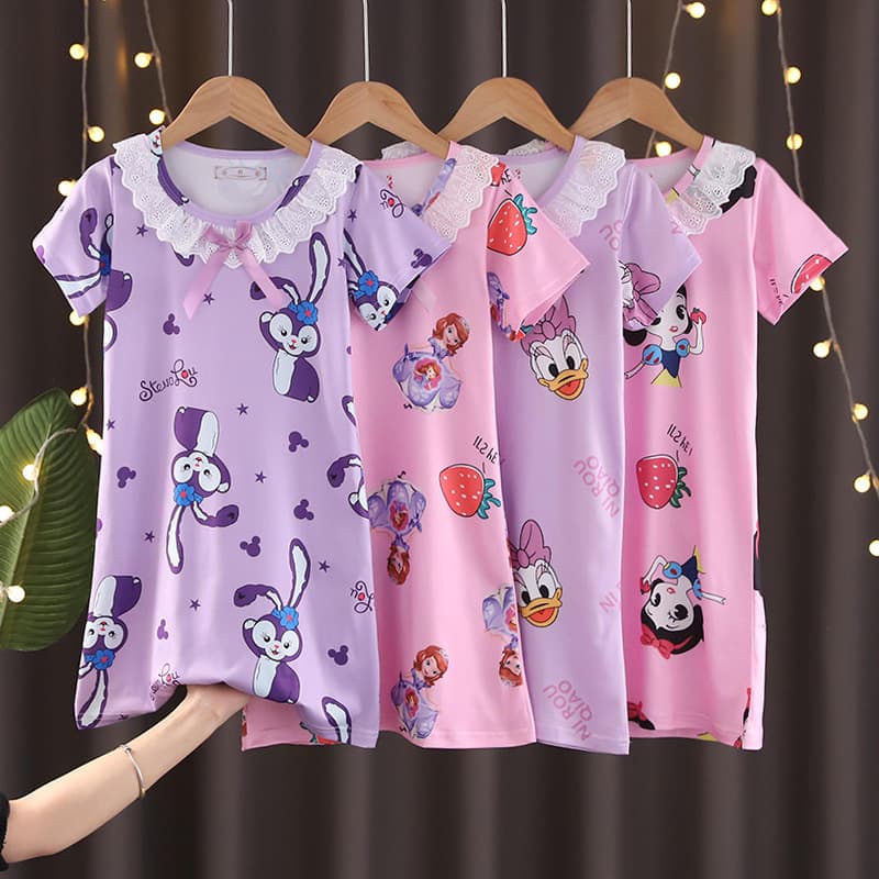 Southeast Asian Children's Pajamas Summer Girls' Princess Lace Short Sleeve Nightdress Cartoon Frozen Homewear Little Princess