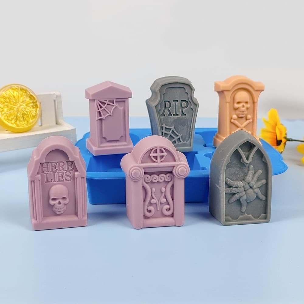 6-Hole Tombstone Silicone Mold Halloween Cross Scented Candle Mold Chocolate Cake Mold