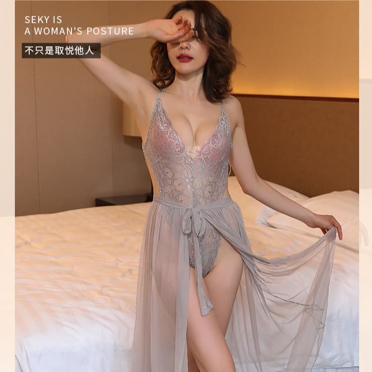 Manyeqing New Lingerie Women's Sexy Lace Bodysuit Transparent Mesh Fairy Temptation Half Skirt Set